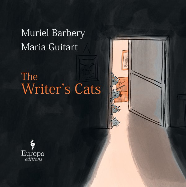 book cover image of The Writer's Cats. The background is black, and it shows an illustration of a door open and light coming from it. Four gray cats peer from the doorway.